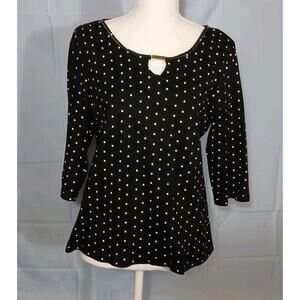 Onque Top Women's Medium 3/4 Sleeve Black with White Polka Dot Cotton EUC
